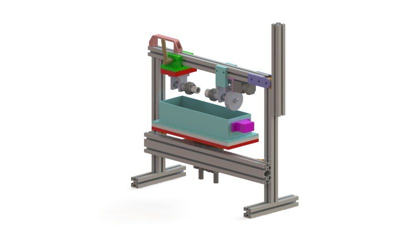 Render of a laboratory test rig on an aluminum extrusion frame with a motor-driven fixture and tray