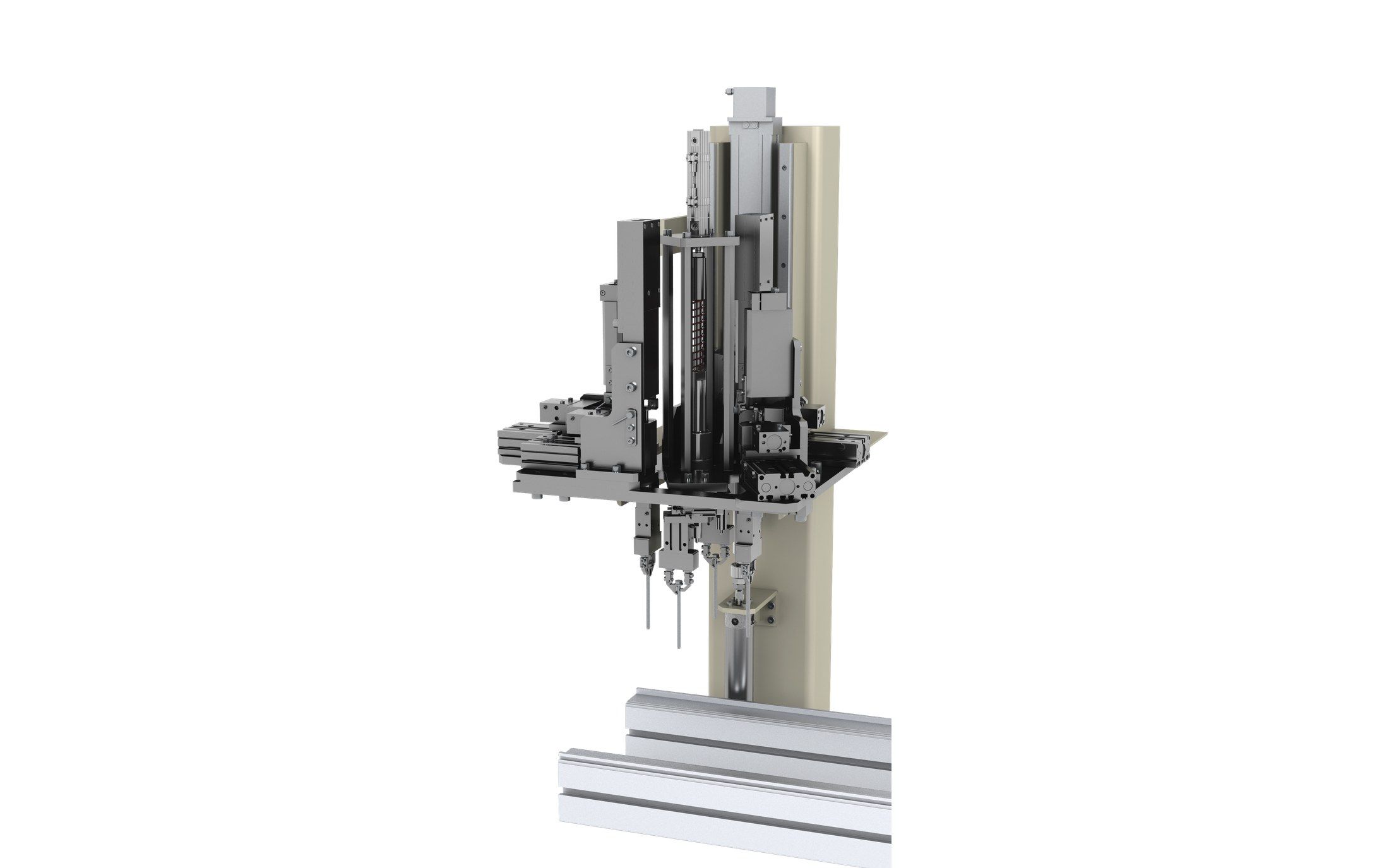 Render of the upgraded insertion station: vertical slides and tooling heads on an extrusion frame