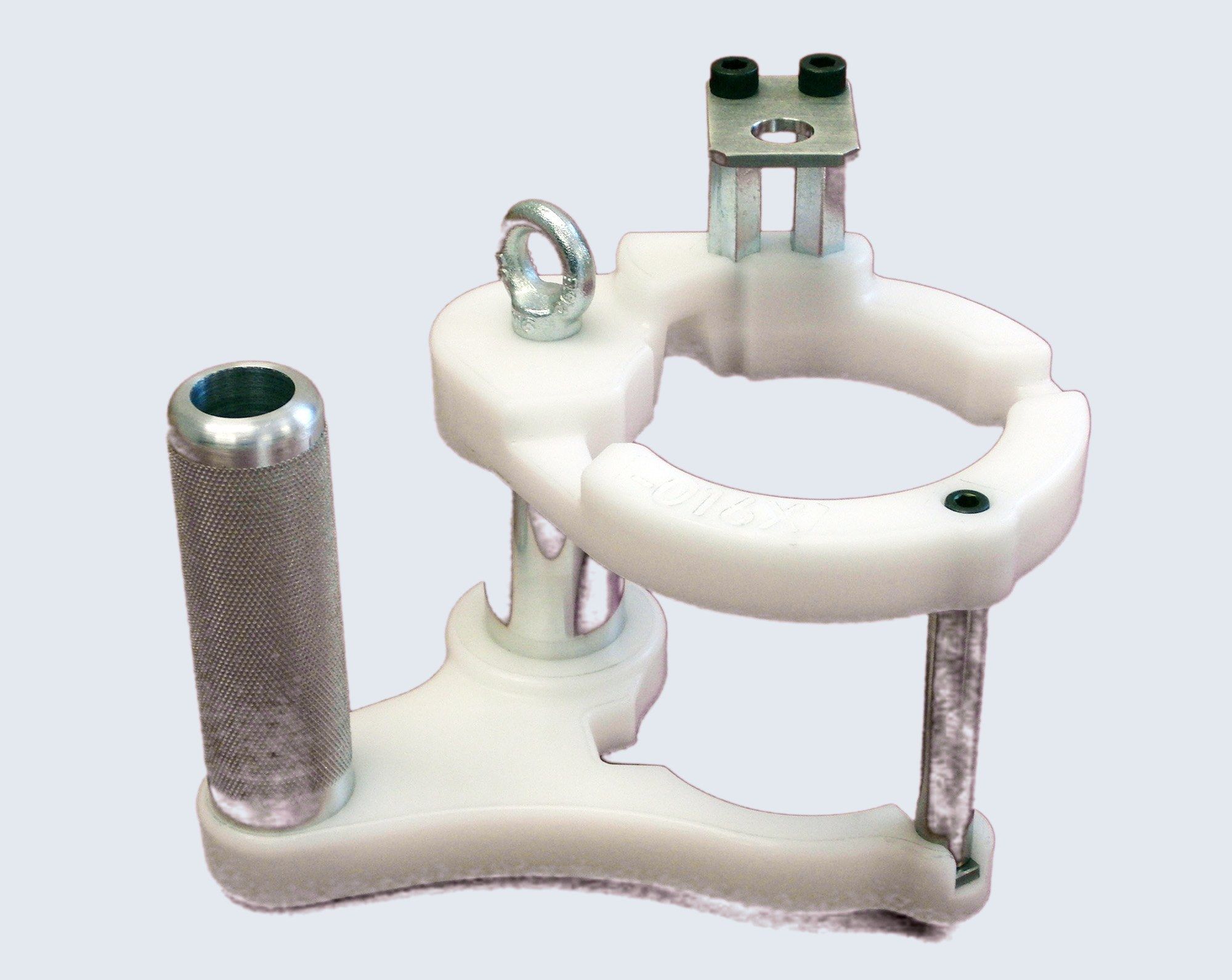 A handheld alignment fixture with a white plastic frame, knurled handle, and lifting eye