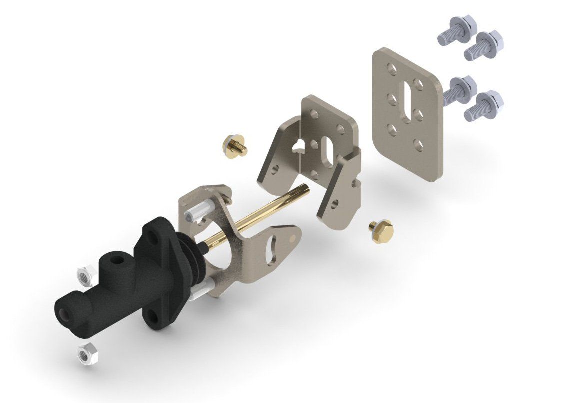 Exploded render of the bracket, master cylinder, and hardware
