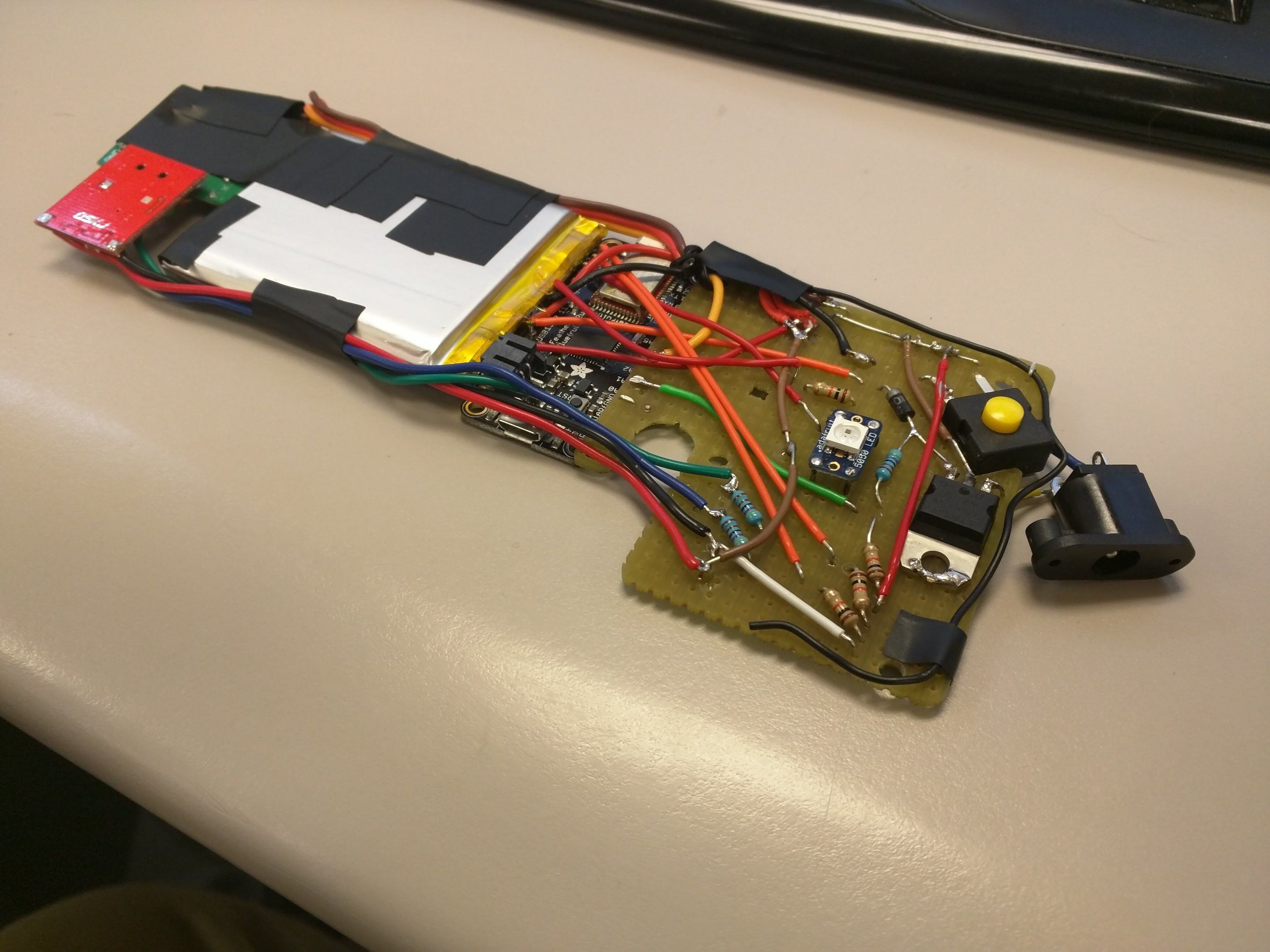 An early electronics prototype for the lock, wired on a hand-built board